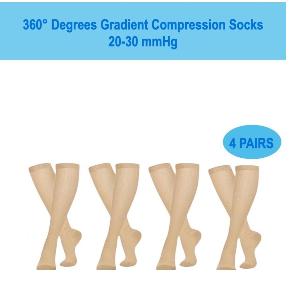 Unisex 20-30 mmHg‎ Compression Socks L/XL Knee High Medical Tan Rib 4 Pack NEW